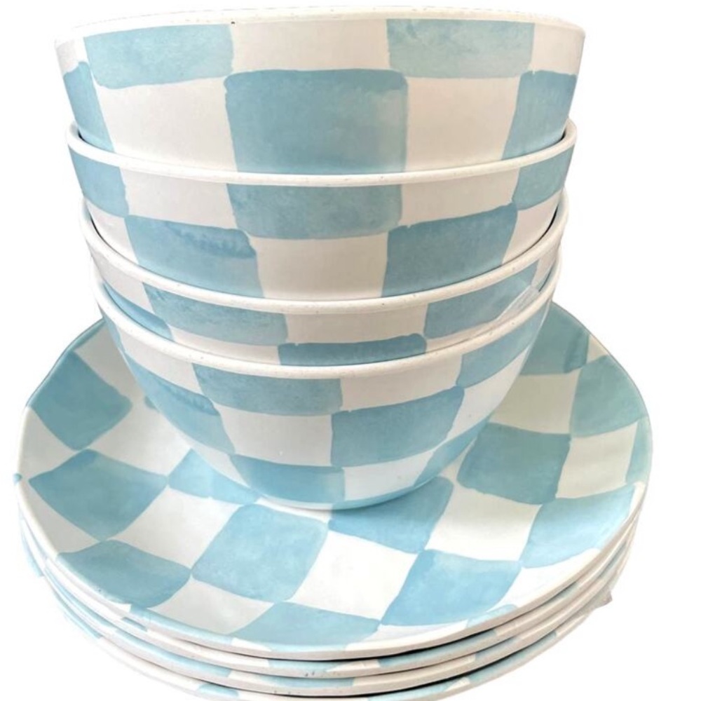 8 pc BLUE & WHITE Checkered Melamine Round Appetizer Plates &Tidbit Bowls NEW